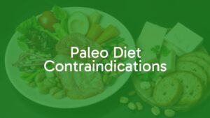 A balanced plate with lean meat, vegetables, fruits, and nuts, contrasted with forbidden foods like bread and dairy, representing Paleo Diet Contraindications, realistic.
