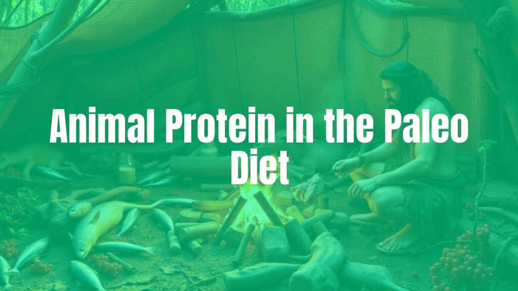 A prehistoric campsite with a caveman roasting meat over a fire, surrounded by fresh animal protein sources like fish, deer, and wild berries, natural lighting, realistic.