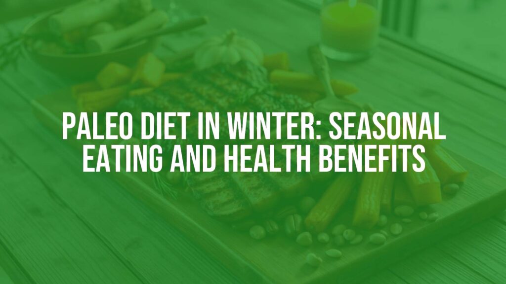 Seasonal paleo winter meal on a wooden table, featuring roasted root vegetables, grilled meat, nuts, and seeds, warm and cozy lighting, rustic setting, realistic.