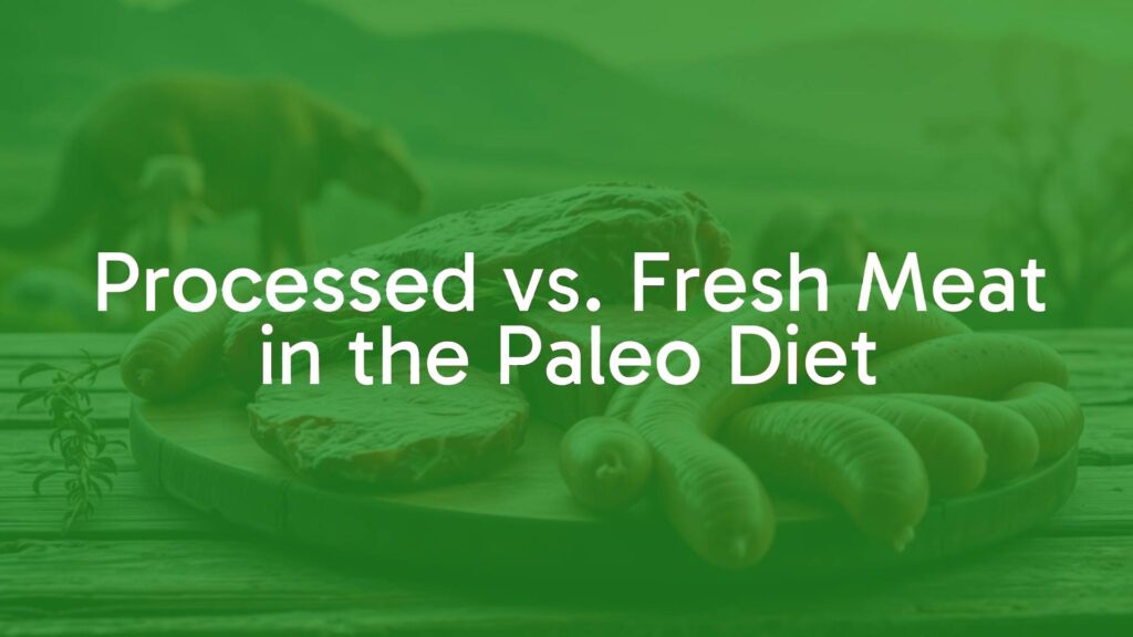 A fresh, raw steak next to processed meat like sausages on a wooden table, Stone Age background, natural and healthy vibe, realistic.