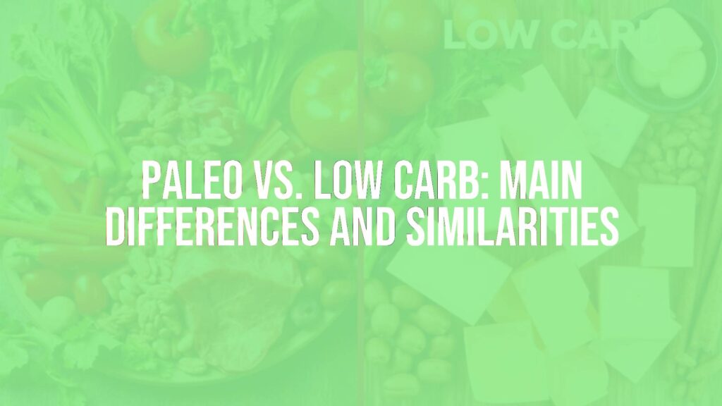 Side-by-side comparison of Paleo and Low Carb diets, fresh vegetables, lean meats, and nuts for Paleo, cheese and low-carb snacks for Low Carb, clean and modern food photography.