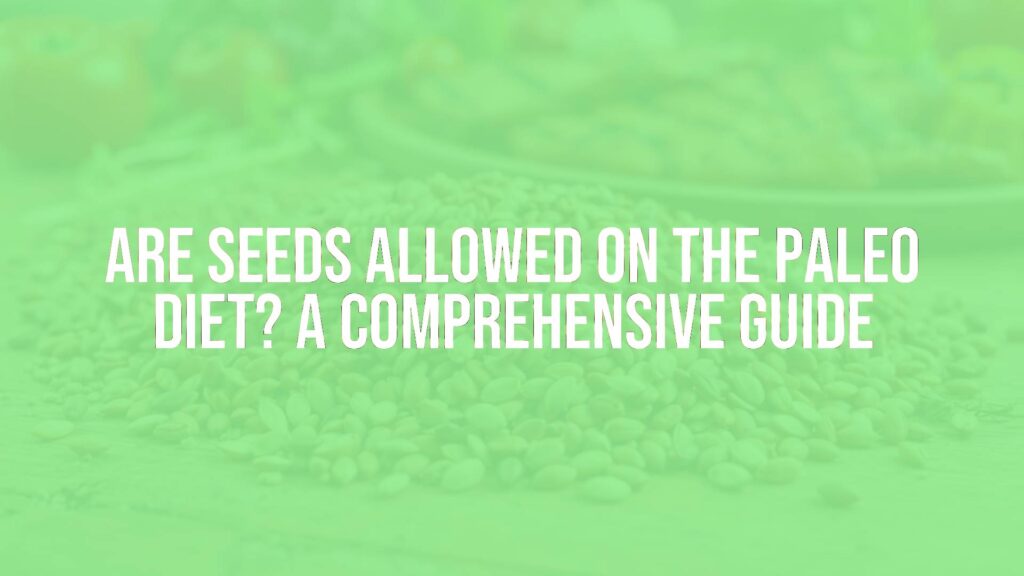 A variety of seeds on a wooden table, including chia, flax, and pumpkin seeds, with a rustic Paleo diet background featuring fresh vegetables and grilled meat, realistic.