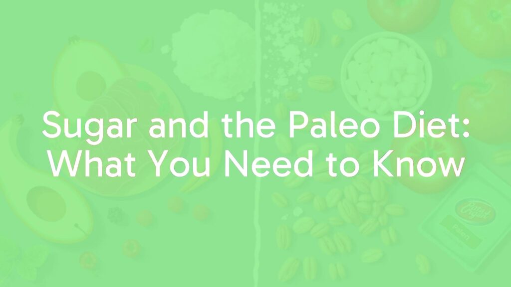 A contrast between fresh, natural Paleo foods (meats, vegetables, fruits, nuts) and refined sugar, illustrative style, clean and modern composition.