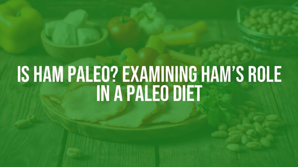 A rustic wooden table with ham slices, fresh vegetables, and nuts, arranged in a Paleo-friendly meal setting, natural lighting, realistic.