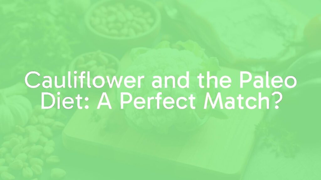 Fresh cauliflower on a wooden cutting board with paleo ingredients like nuts, fish, and vegetables, natural lighting, realistic.