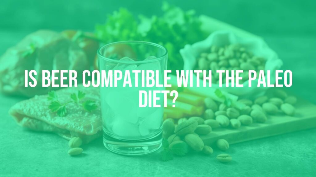 A cold beer glass next to fresh paleo diet ingredients like meat, vegetables, and nuts, contrasting modern and ancient diets, realistic.