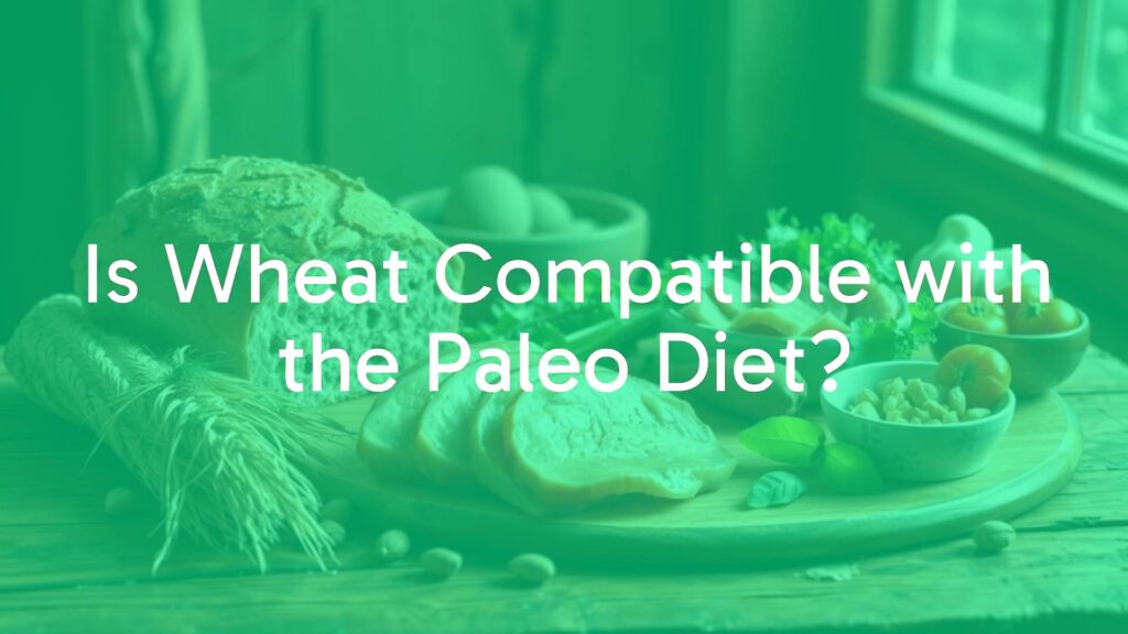 A rustic wooden table with a loaf of wheat bread next to fresh Paleo-friendly foods like lean meats, vegetables, and nuts, warm natural lighting, illustrative style.