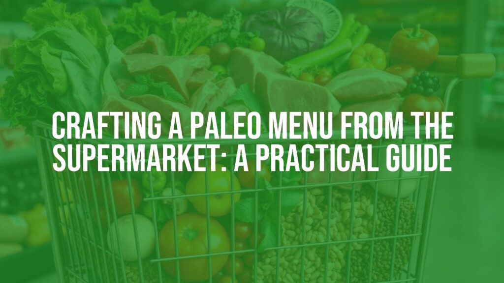 A colorful supermarket cart filled with fresh Paleo-approved foods like lean meats, vegetables, fruits, nuts, and seeds, bright and healthy vibe, realistic.